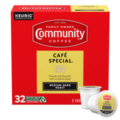 Community Coffee Cafe Special K-Cup box with 32 pods for cafe-style coffee at home.