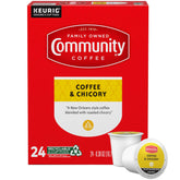 Community Coffee Chicory K-Cup pods in a 24-count box, ideal for café au lait at home.