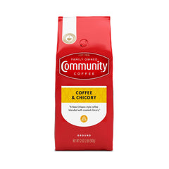 Community Coffee coffee-and-chicory blend 32oz bag close-up showing rich aroma.