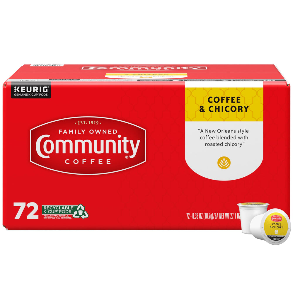 Community Coffee Coffee & Chicory pods on shelf for quick flavor.