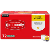 Community Coffee Coffee & Chicory pods on shelf for quick flavor.