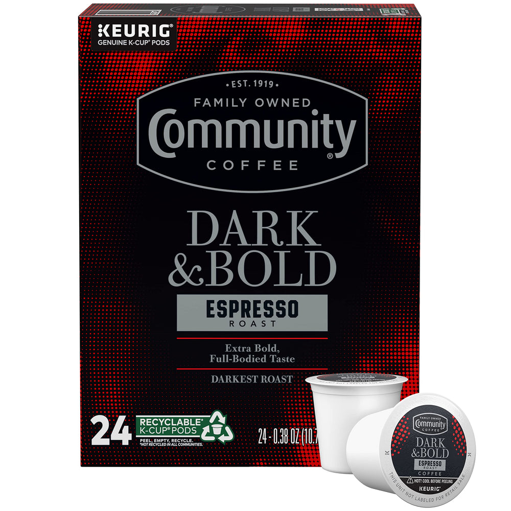 Community Coffee Dark & Bold Espresso Roast pod delivers a bold aroma for busy mornings.