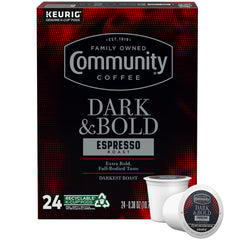 Community Coffee Dark & Bold Espresso Roast pod delivers a bold aroma for busy mornings.