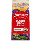 Community Coffee Mardi Gras King Cake ground coffee bag, premium Arabica for rich flavor.