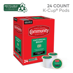 Community Coffee Cafe Special Decaf roast—medium-dark, rich taste without caffeine.