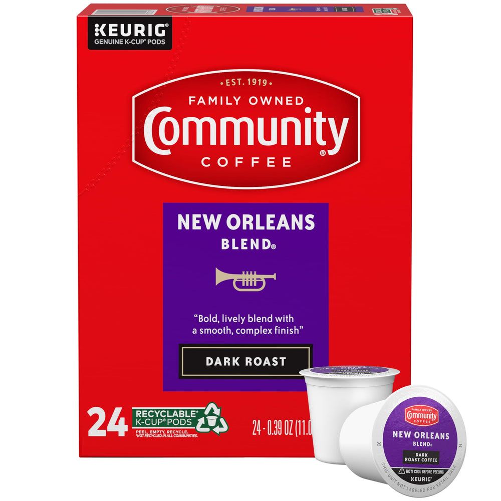 Community Coffee New Orleans Blend 24-count pack showing convenient single-serve pods for quick mornings.