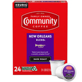Community Coffee New Orleans Blend 24-count pack showing convenient single-serve pods for quick mornings.
