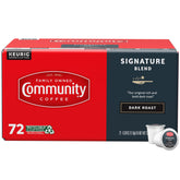 Community Coffee Signature Blend pods in a box for convenient single-serve mornings.