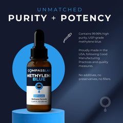 Compass Laboratory Methylene Blue glass bottle cap demonstrates secure, leak-free storage.