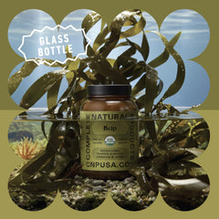 Complete Natural Products sea kelp capsules ingredient close-up emphasizes 16 amino acids.