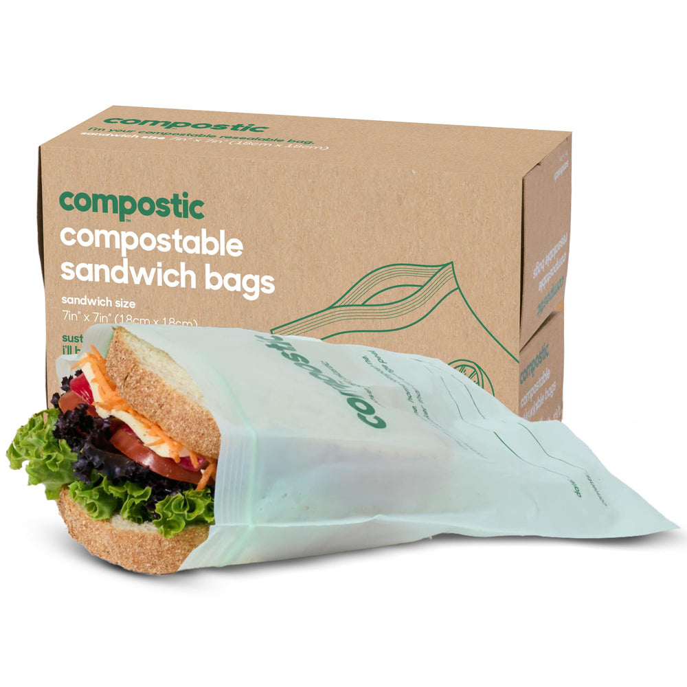 Compostic bags packaging and label highlight compostable materials for eco-friendly storage