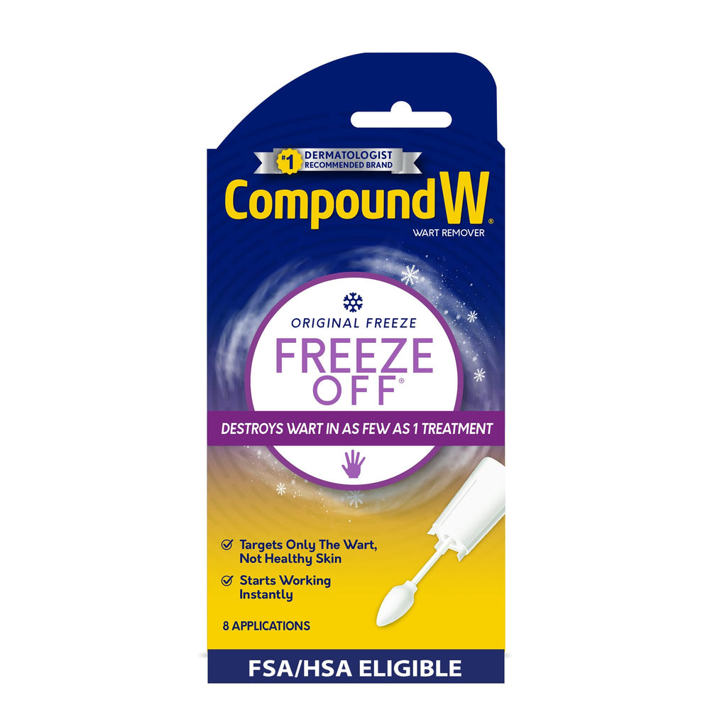 Compound W Freeze Off bottle with applicator demonstrates targeted wart removal at home.