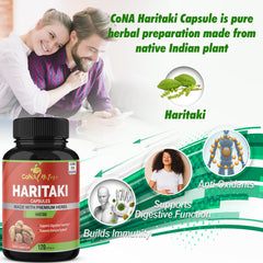 Cona Nature Haritaki capsules suggest natural regularity and cleansing benefits.