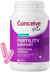 Conceive Plus bottle pour showing daily fertility support capsules.