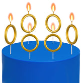 Conelist gold ring candle on cake for blue-theme party visuals.