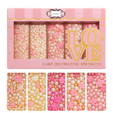 Confect pink mini roses with silver hearts and white pearls for elegant cake decoration