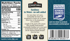 Connetable sardines in water can close-up, glossy fillets with omega-3 benefits.