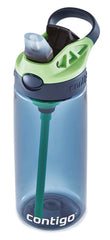 Contigo Kids AUTOSPOUT bottle blue close-up showing spill-proof straw for mess-free sipping.