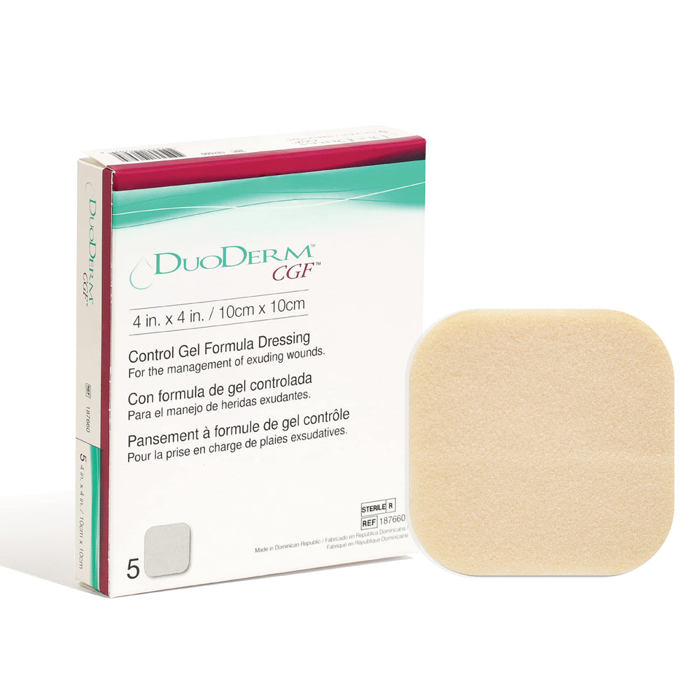 ConvaTec DuoDERM Control gel 4x4 dressing applied on skin for a moist environment.