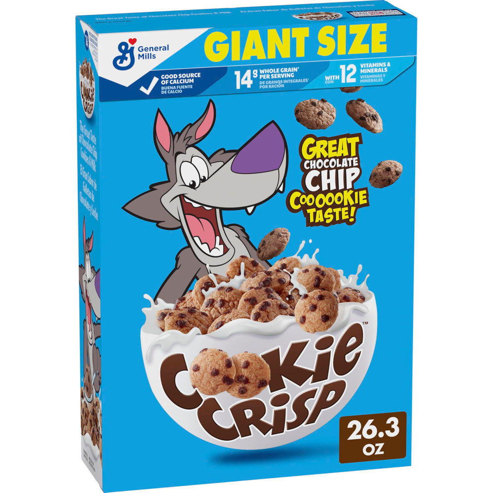 Cookie Crisp giant-size box shown for convenient family breakfast.