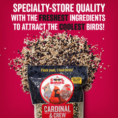 Cardinals and chickadees sharing the blend at a hopper feeder, promoting natural backyard visits