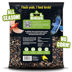 COOL BIRDS All Birds Blend close-up of sunflower and safflower seeds attracting cardinals