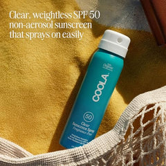 COOLA fragrance-free spray application ideal for sensitive skin during workouts