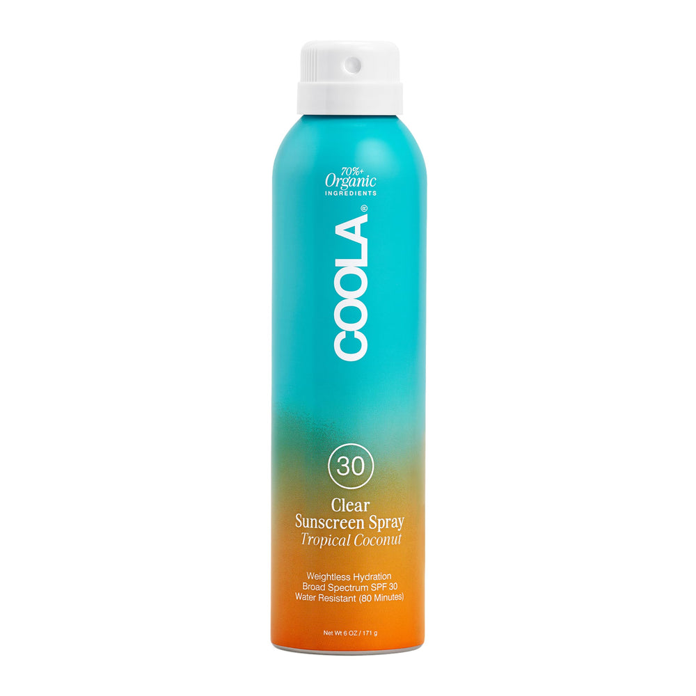 COOLA organic SPF 30 spray bottle shows quick, even coverage with a light feel