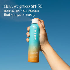 COOLA SPF 30 spray used upside down enables easy misting on tough-to-reach areas