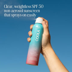 COOLA SPF50 water-resistant spray showing 80-minute protection.