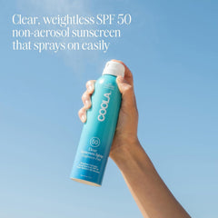 Close-up of COOLA SPF 50 spray showing 80-minute water resistance.