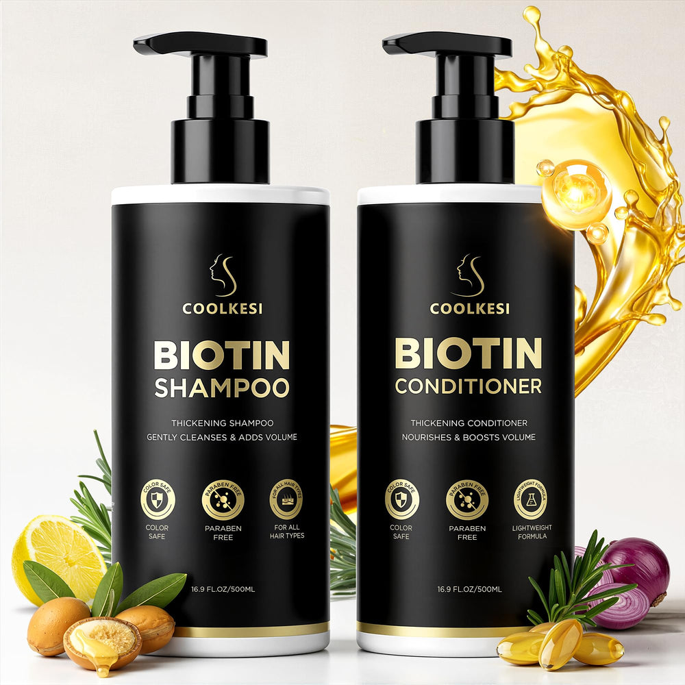 COOLKESI Tripeptide Biotin Hair Shampoo bottle highlighting stronger roots and scalp refreshment.