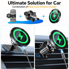 Coolpow MagSafe car mount with metal hook grips car vent for sturdy hands-free use.