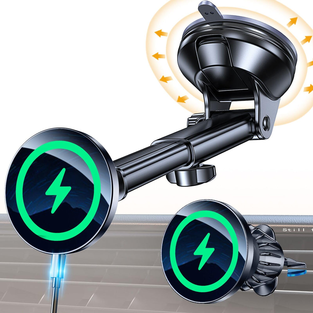 Coolpow MagSafe car mount with a strong magnet for secure hands-free charging.