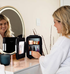 Cooluli Mini Fridge 4L on desk with drinks and snacks accessible