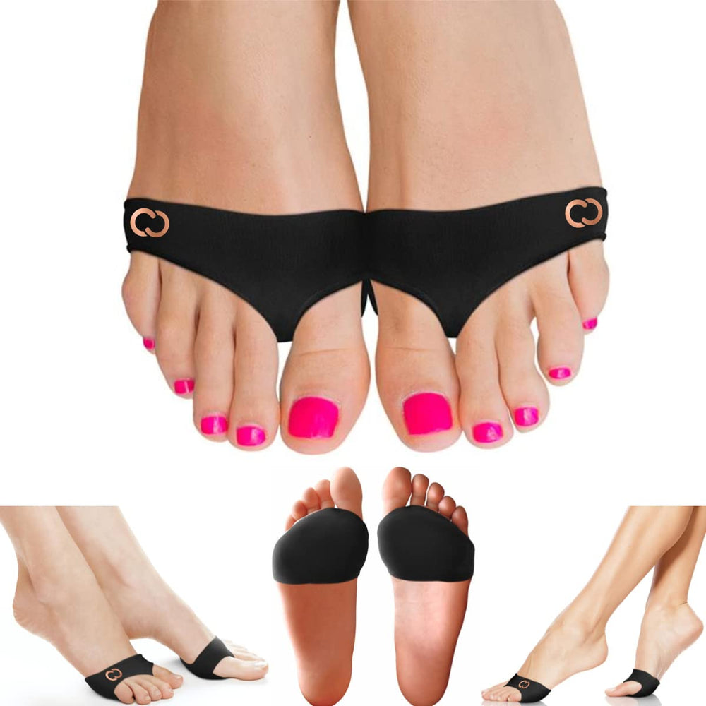 Copper Compression metatarsal pads on the right foot inside a shoe offer ball-of-foot support.