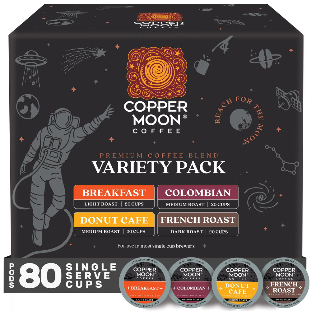Copper Moon coffee pods packfront showing an 80-count box for quick Keurig brews.