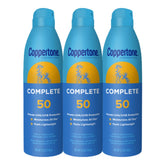 Coppertone Complete SPF 50 spray in a 3-pack for family sun protection on the go.