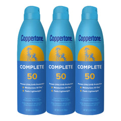 Coppertone Complete SPF 50 spray in a 3-pack for family sun protection on the go.