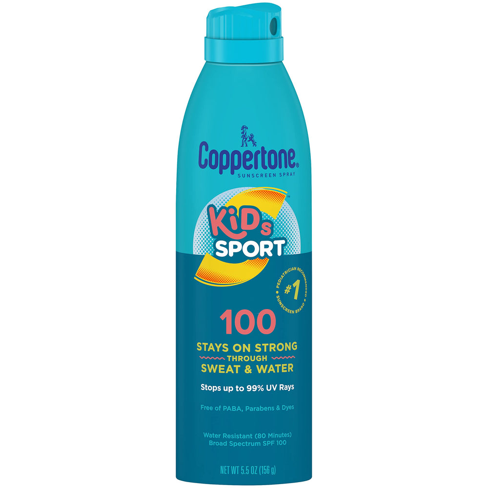 Coppertone Kids Sport SPF 100 spray bottle delivering easy, all-angle coverage for outdoor play.