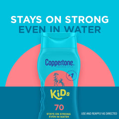 Coppertone Kids SPF 70 water-resistant bottle stays put during water activities.