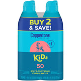 Coppertone Kids SPF 50 spray bottle angled for broad coverage during outdoor play