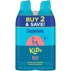 Coppertone Kids SPF 50 spray bottle angled for broad coverage during outdoor play