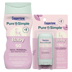Coppertone Pure and Simple baby lotion SPF 50 bottle for gentle protection.