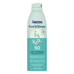 Coppertone Pure and Simple Kids Sunscreen Spray SPF 50 bottle offering gentle protection for sensitive skin