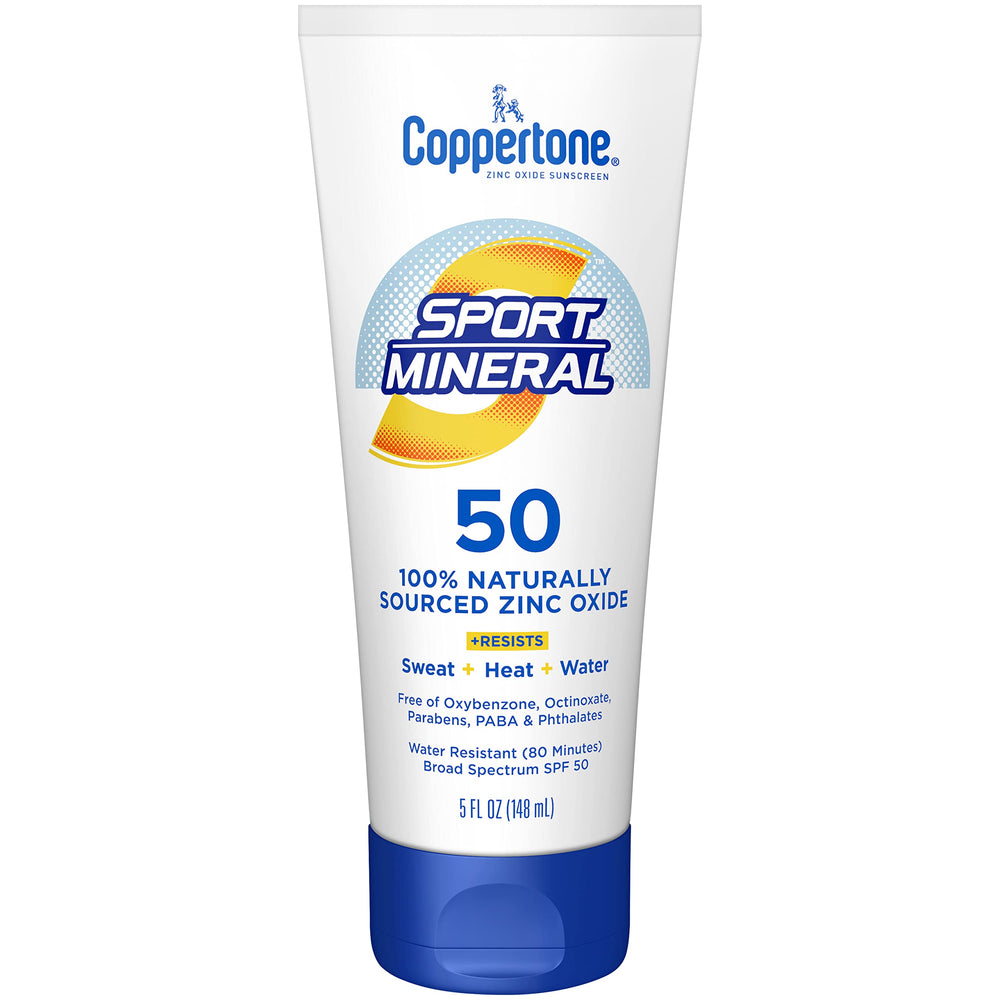 Coppertone Sport Mineral SPF 50 bottle front view for outdoor protection.