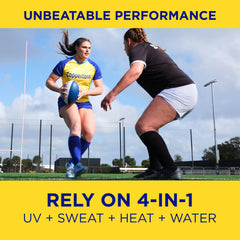 Coppertone SPF 50 water resistance graphic emphasizes long-lasting protection during activity.