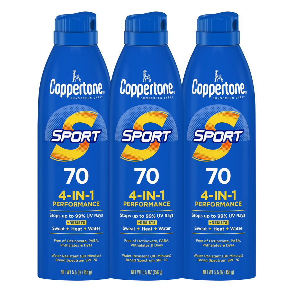 Coppertone Sport spray with continuous nozzle for easy angle application.