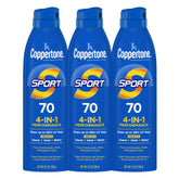 Coppertone Sport spray with continuous nozzle for easy angle application.