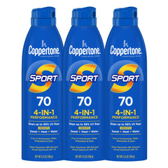Coppertone Sport spray with continuous nozzle for easy angle application.